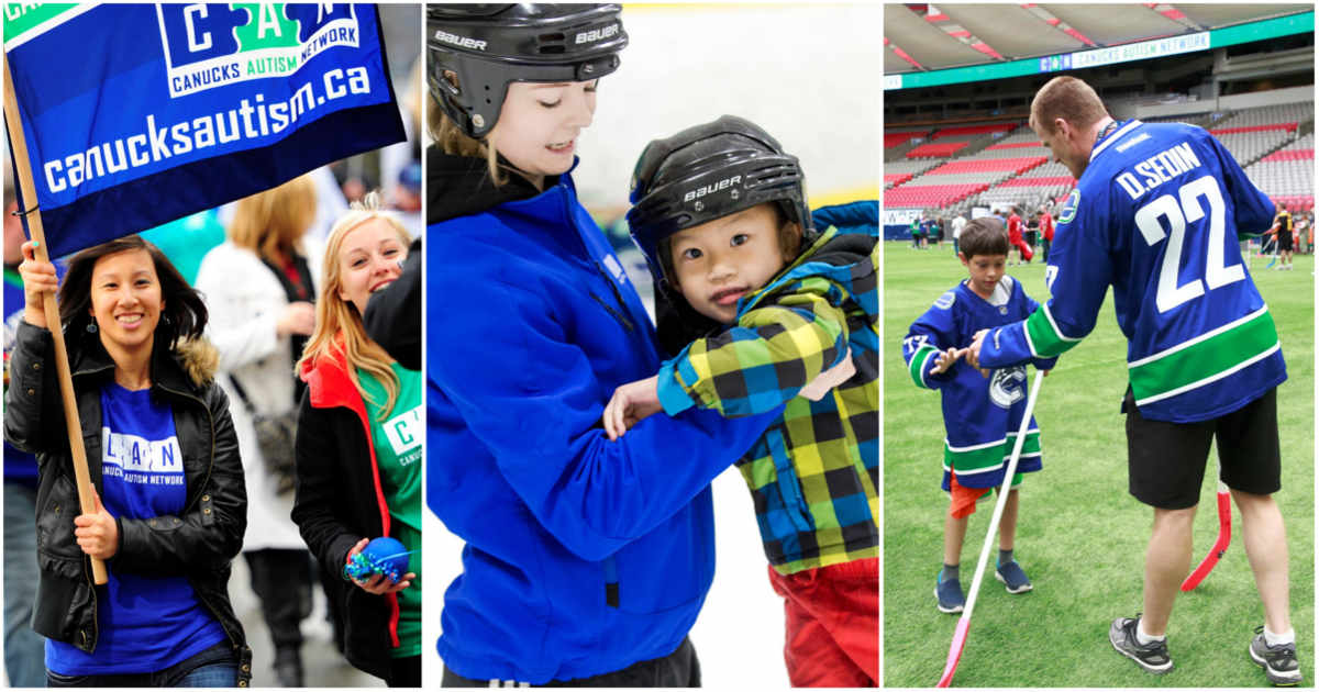 A woman holds a flag (left), a skate coach supports a young child on the ice (middle), a man gives a young child a high five while playing ball hockey (right).