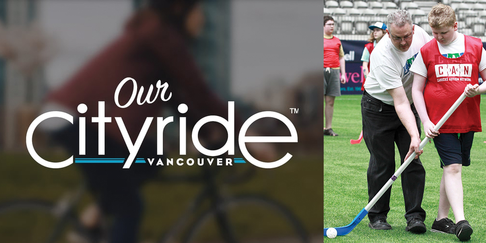 Our Cityride logo and photo of a father and son playing hockey side by side.